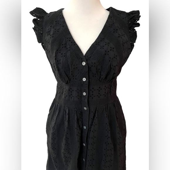 J. Crew Midi Dress with Ruffle Sleeves and Front Buttons in Black Eyelet, Sz 6 - Picture 3 of 9